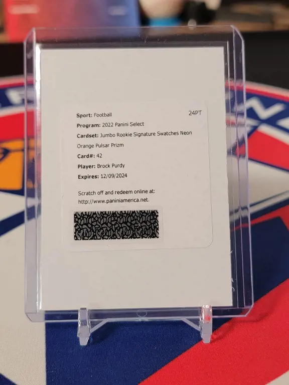 2022 Panini Brock Purdy Jumbo Rookie Signature Swatches Neon Orange Pulsar Prizm.