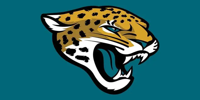 Jacksonville Jaguars features a gold jaguar head with a splash of teal logo
