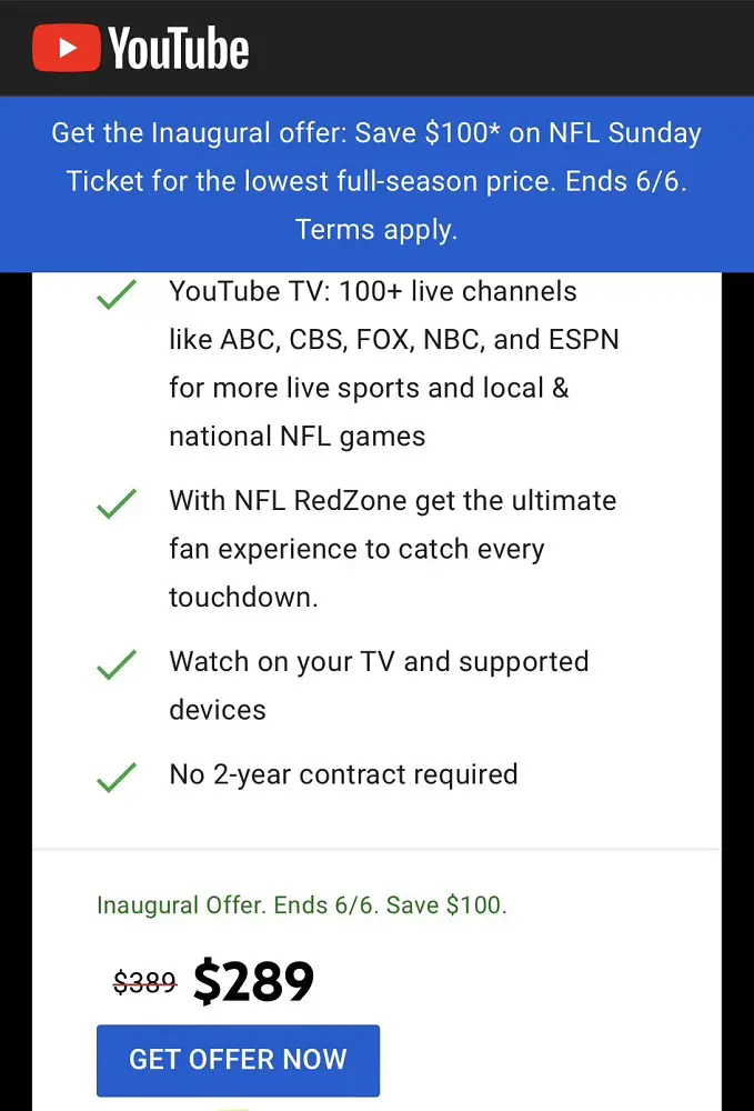 The users have to pay $289 for a Sunday Ticket to watch NFL matches