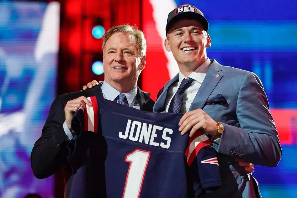 Mac Jones during NFL Draft 2021 holding up his Patriots jersey.