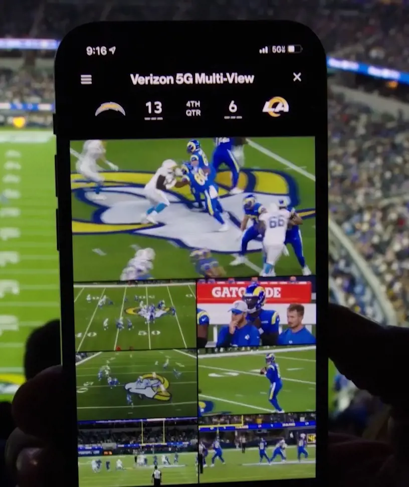 A football game televised on Verizon. 