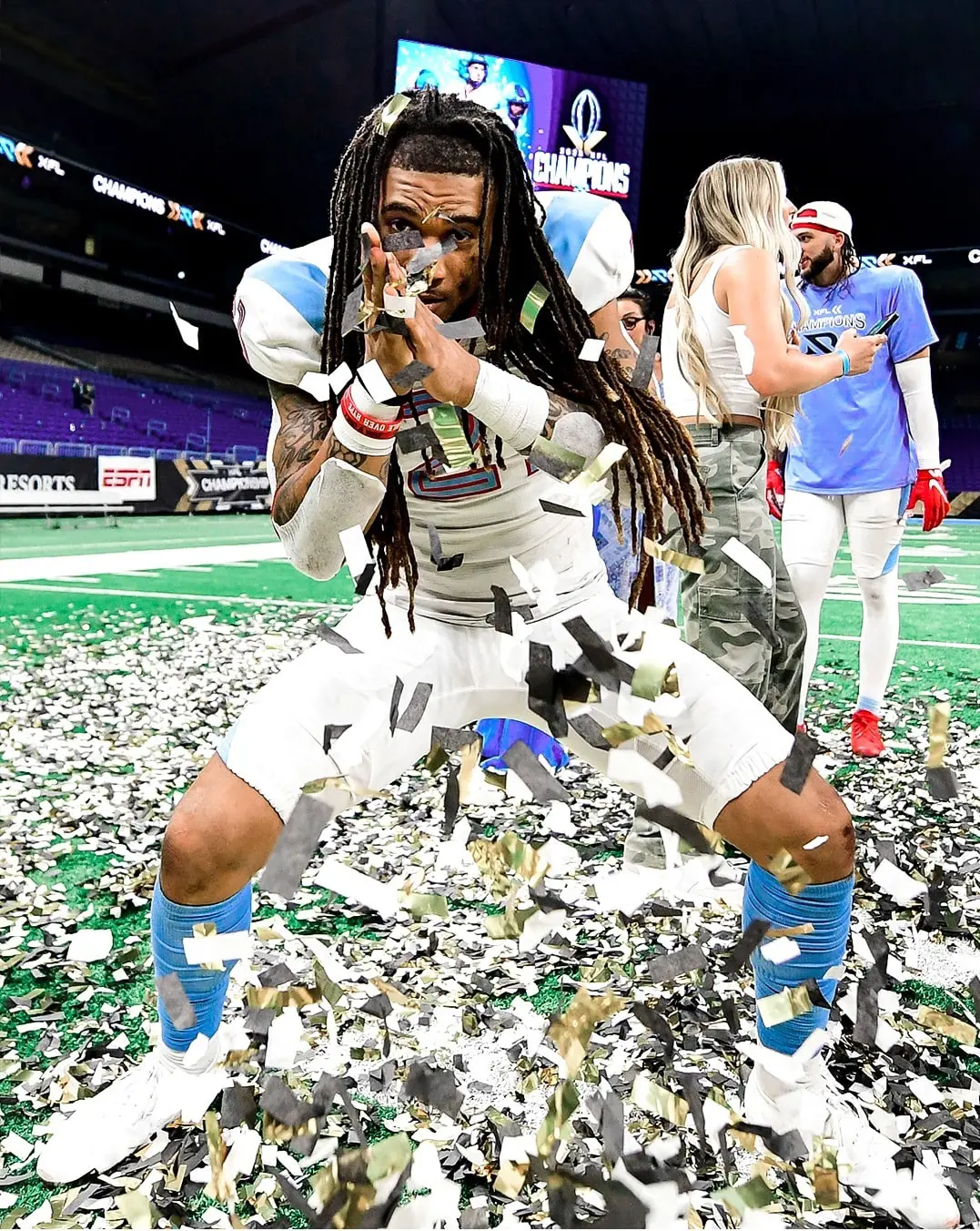 A Renegades player celebrating their XFL Championship win.