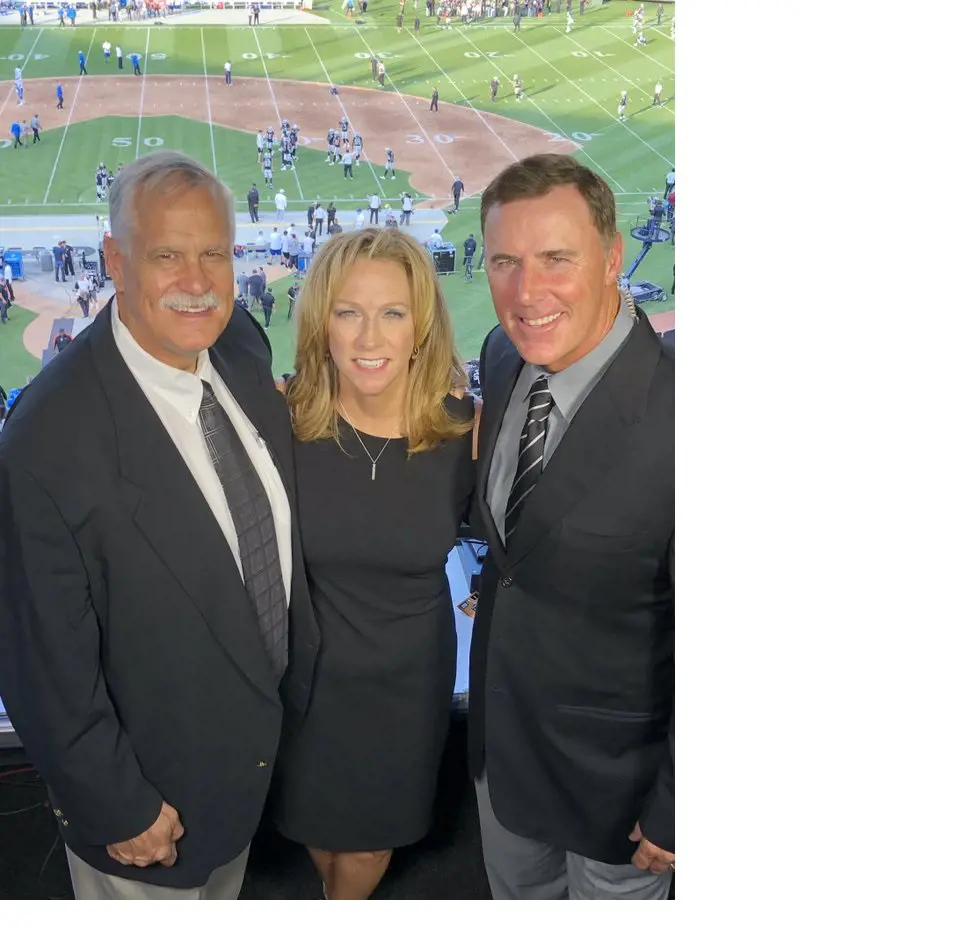 The Super Bowl champion and former Oakland Riders Matt Miller(Left), Raiders television Network play-by-play announcer Beth Mowins (Center), and game analyst Rich Gannon (Right).